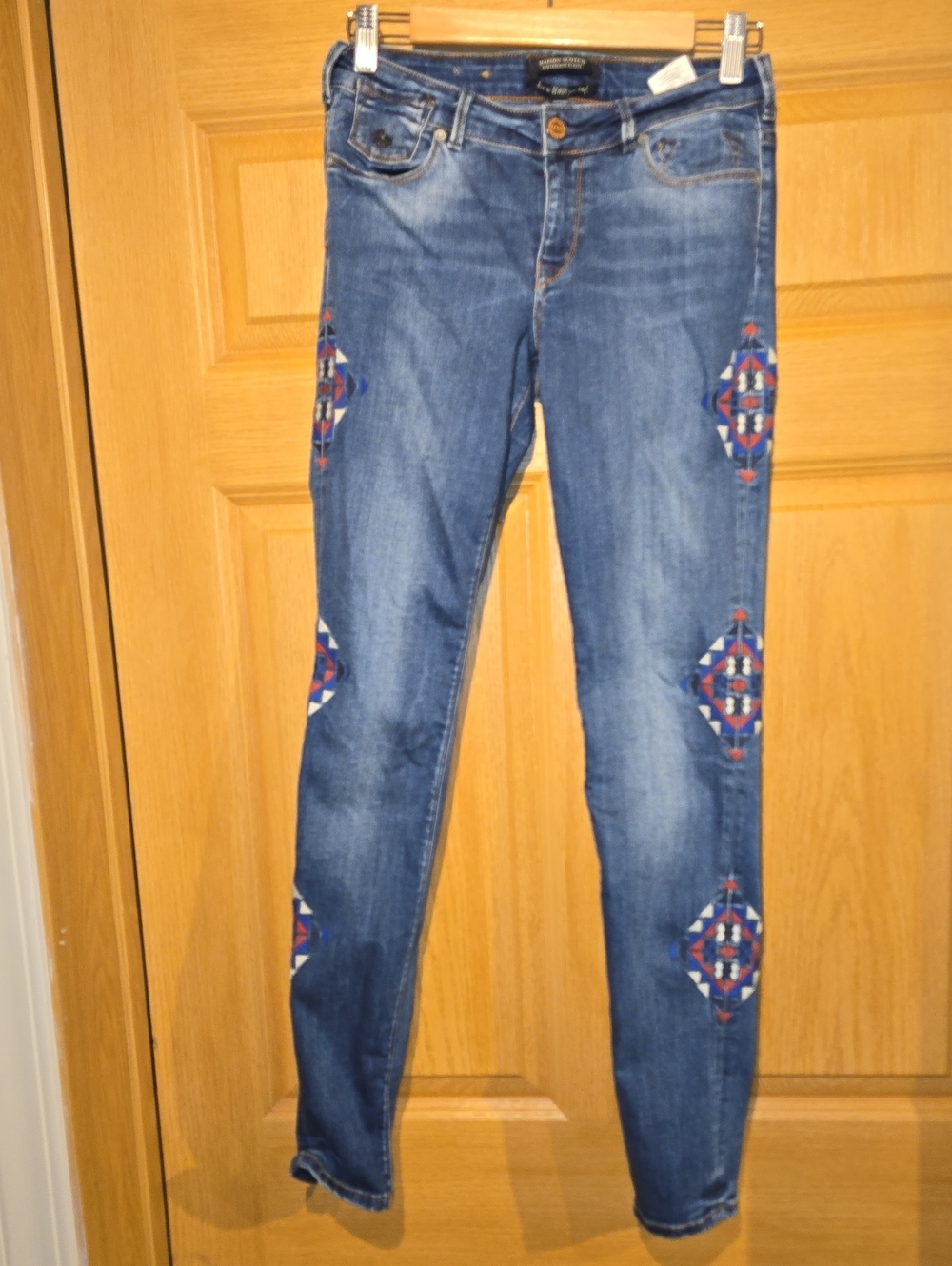 Scotch & Soda Blue Skinny Jeans with Colorful Geometric Embroidery